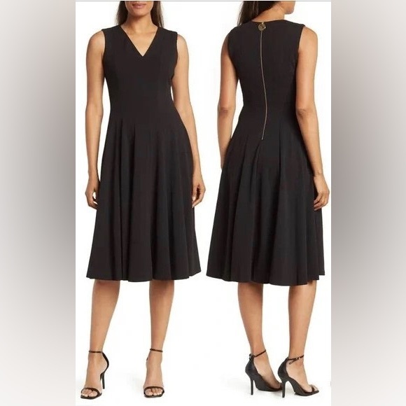 Calvin Klein V-Neck Sleeveless Fit & Flare Midi Dress - Picture 1 of 4